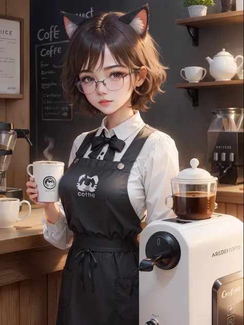 Coffee Girl, Realistic, High Quality, coffee shop, Soft light, Natural and authentic, coffee, Short Hair Hair, customer, cats, Gospel, cat ear, cat ears girl, Glasses Girl, coffee, Large coffee machine,