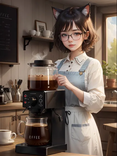 Coffee Girl, Realistic, High Quality, coffee shop, Soft light, Natural and authentic, coffee, Short Hair Hair, customer, cats, Gospel, cat ear, cat ears girl, Glasses Girl, coffee, Large coffee machine,