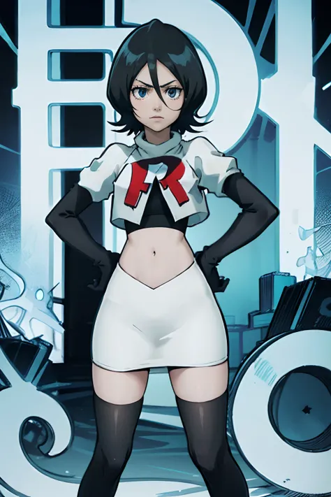 Bleach Rukia,1girl,team rocket,team rocket uniform, red letter R, white skirt,white crop top,black thigh-highs,black elbow gloves, looking at viewer, hands on hips, black hair