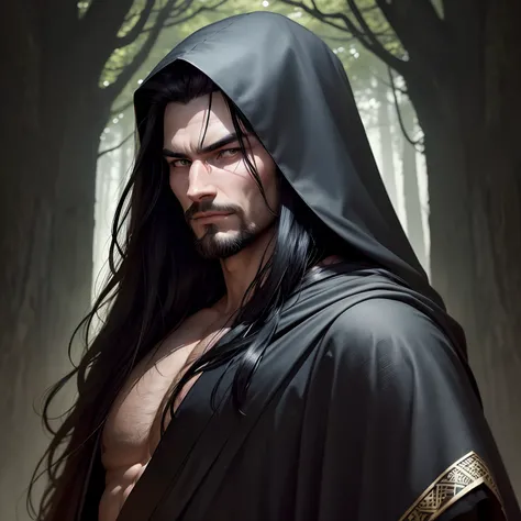 The best quality, super sharp, the wallpaper is a forest, a 30-year-old man named Bo, fierce face, long black hair, sinister eyes, wearing a black robe covering his head, there are black bugs flying around, Smirking