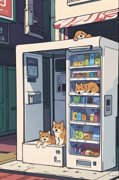 shiba inu,sleeping,animal,dog,shiba,sketch,sleeping on the top vending machine,