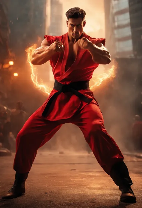 (best quality,4k,8k,highres,masterpiece:1.2),ultra-detailed,(realistic,photorealistic,photo-realistic:1.37),young-looking man with,red clothing,powerful red energy emanating from his hands Marvel-style,street fighter battlescene,raging fire explosion,heroi...