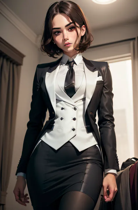 femboy, bulge, crossdressing, short hair, brunette, skirt suit, (((three-piece suit))), necktie, blazer, suit jacket, waistcoat, double-breasted waistcoat, bodycon skirt, pencil skirt, white gloves, submissive, makeup, bedroom eyes, aroused