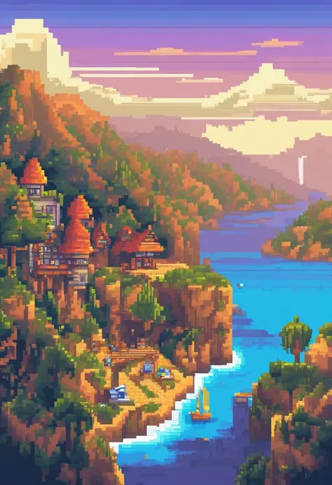 Pixel art tourism destination landscape. Evening. 3D pixel art 4K wallpaper. Incredible pixel art detail. Pixel art. Steam waves. Detailed Unreal Engine pixel art