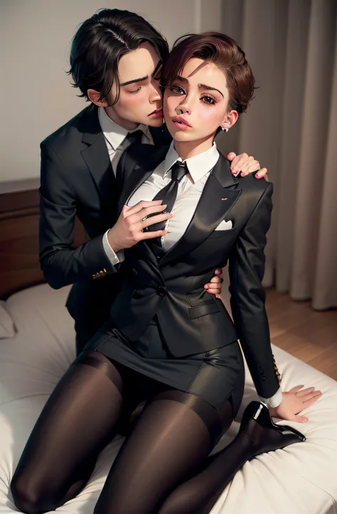 2 femboy, bulge, crossdressing, short hair, brunette, skirt suit, (((three-piece suit))), necktie, blazer, suit jacket, waistcoat, double-breasted waistcoat, bodycon skirt, pencil skirt, white gloves, submissive, makeup, bedroom eyes, aroused, kneeling, fr...