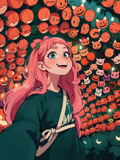 arafed woman with pink hair and a green shirt standing in front of a wall of red lanterns, ava max, in a halloween style, belle delphine, spooky filter, tumblr, inspired by Elsa Bleda, portrait of kim petras, anime style mixed with fujifilm, lofi portrait,...