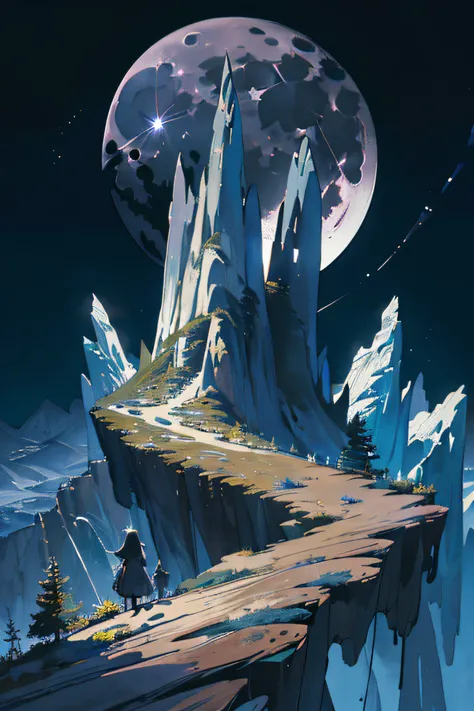 Very good 8KCG wallpapers, very fine 8K CG wallpaper, watercolor (medium), (((dark, Dark Night, Deep Night, the moon))) ((Sky color: dark blue)) (((Natural Background, rock formations, wood))), cliff, Mountain Summit ((plein air)) (((Character Deletion))) ...