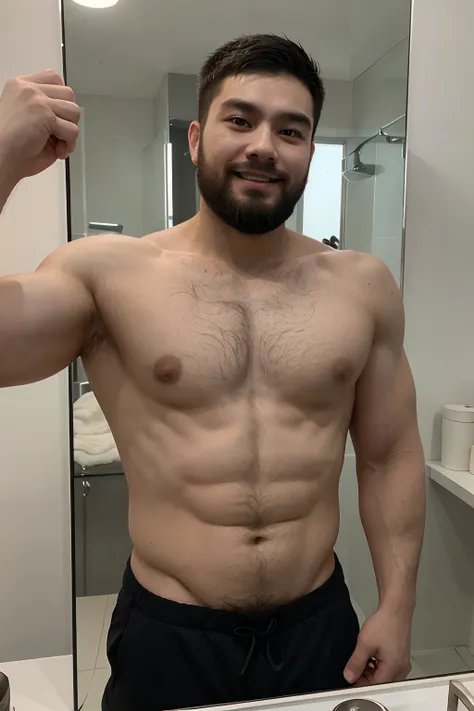 White skinned 25 year old Chinese man with bushy beard, looking at his reflection in a mirror, that is identical to his pose. His chest is very hairy. His hair is black. His mouth is open and with a open mouth smile. He flexes his arms his wide chunky very...