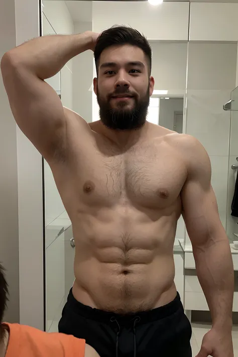 White skinned 25 year old Chinese man with bushy beard, looking at his reflection in a mirror, that is identical to his pose. His chest is very hairy. His hair is black. His mouth is open and with a open mouth smile. He flexes his arms his wide chunky very...