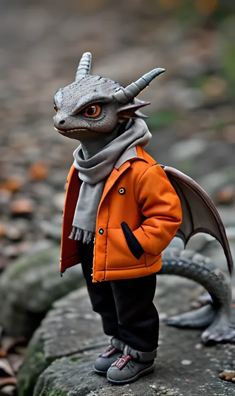 cute ultra-small dragon with gray scarf orange down jacket, lazy black bottoms, and in tiny little gray shoes,little dragon in t...