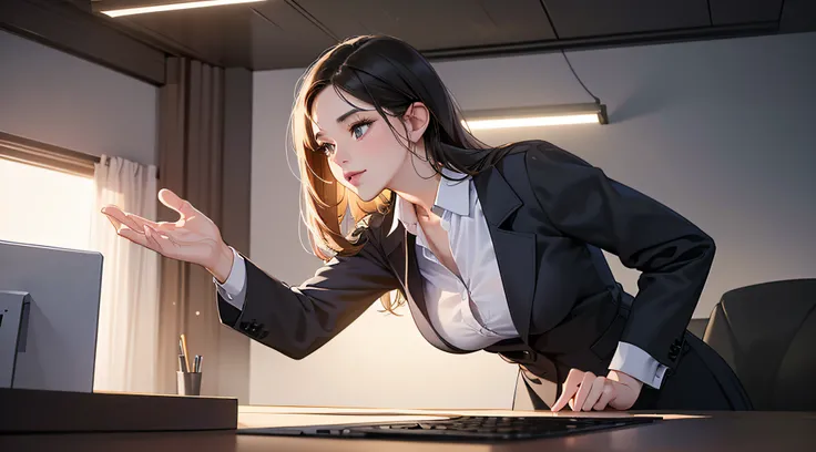 (best quality, 4k, 8k, photorealistic), a 25-year-old woman, secretary, greeting her boss, (digital art, illustration, best quality, ultra-detailed, 8k, soft lighting, daytime, office setting)