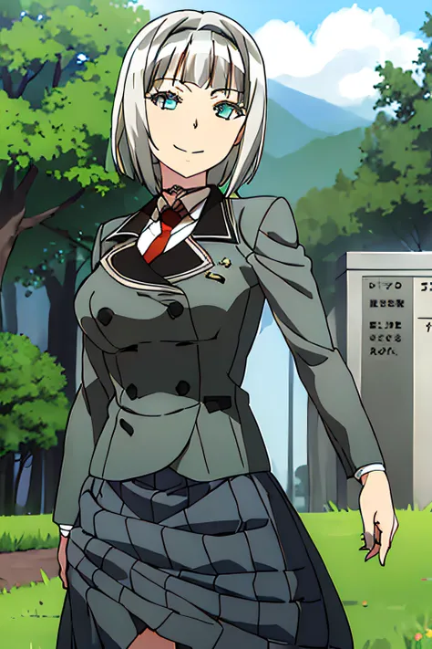 masterpiece, 1girl, anna nishikinomiya, short hair, silver hair, standing, skirt, jacket, necktie, aqua eyes, smile, outside, forest, grass, beautiful