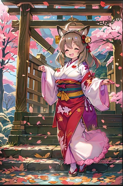 Fox Woman、body covered with fur、huge-breasted、kawaii、shrine maiden、Japan white clothes,Red Hakama、torii gate,((Oblique angle))、{{close up to face}}、one eye closed、winking、A big smile、bbw、thick thight、big butts、Ultramammy,Chibi,Nanachi, autumn day,kaede、 Pi...