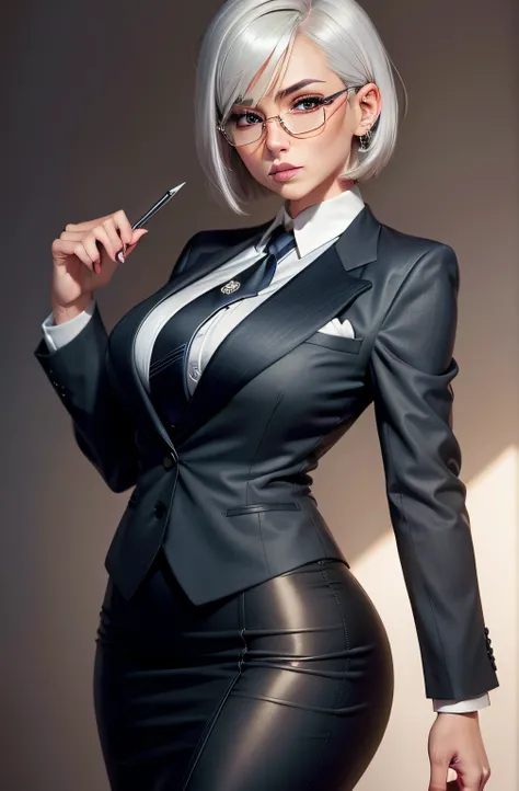 1 woman, milf, short hair, silver hair, hair bob, hair band, smug, superior, skirt suit, (((three-piece suit))), necktie, blazer, suit jacket, waistcoat, double-breasted waistcoat, bodycon skirt, pencil skirt, tie clip, pocket square, pocket watch, pantyho...