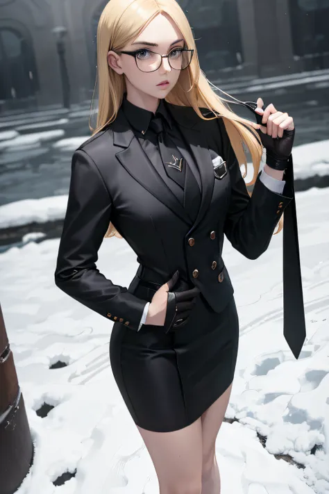 masterpiece, best quality, sfkolin, glasses, black shiny skirt suit, (((three-piece suit))), necktie, blazer, suit jacket, waist...