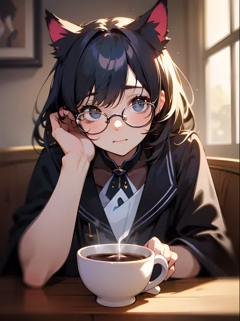 coffee shop, coffee, cat ear, glasses girl, masterpiece, bestquality, exquisite face, slim, face lights, cinematic lighting, pro...