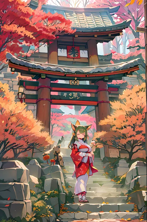 Fox Woman、body covered with fur、huge-breasted、kawaii、shrine maiden、Japan white clothes,Red Hakama、torii gate,((Oblique angle))、{{close up to face}}、one eye closed、winking、A big smile、bbw、thick thight、big butts、Ultramammy,Chibi,Nanachi, autumn day,kaede、 Pi...