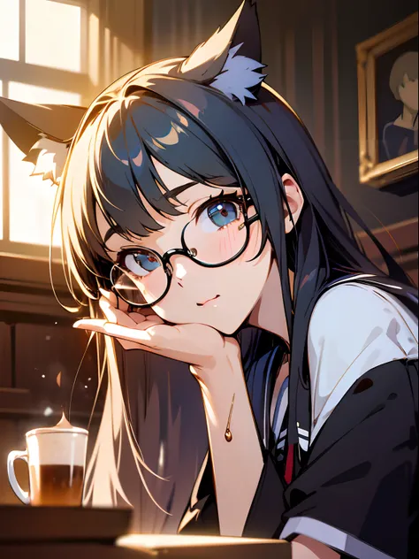 coffee shop, coffee, cat ear, glasses girl, masterpiece, bestquality, exquisite face, slim, face lights, cinematic lighting, pro...