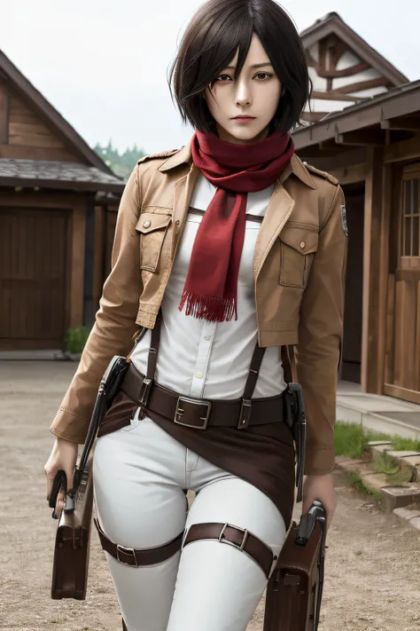 Master Parts, Best Quality, Haute, hmmikasa, Short hair, Black eyes, scarf, emblem, Belt bag, Thigh strap, red scarf, White pants, Brown jacket, shortsleeves, holding gun, The sword, outside of house