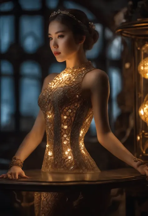 asian girl,8K, hyper photorealism,photorealistic paintings, Studio quality, Delicate micromechanical translucent ballerina glass full body standing on a luminous pedestal , sparkle eyes, , mechanicalparts, Light-emitting diodes emit light , Scaly gelatinou...