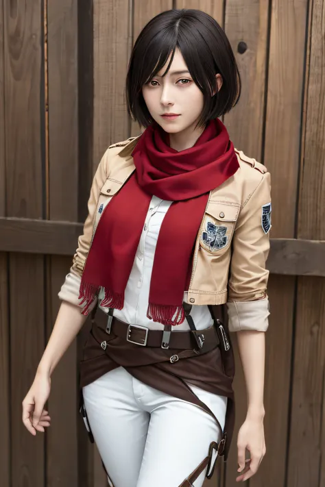 Master Parts, Best Quality, Haute, hmmikasa, Short hair, Black eyes, Upper body naked, Swimwear Scarf, emblem, Belt bag, Thigh strap, red scarf, White pants, Brown jacket, shortsleeves, the beach