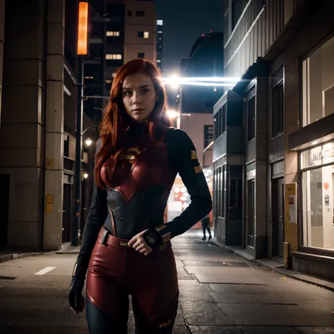 female superhero, Sparkling eyes, red hair standing on end, light combat uniform, tricolor color, A standard that inspires confidence, In the building street at night, bright tones, masterpiece,8K