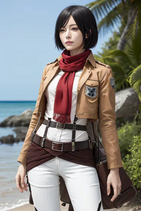 Master Parts, Best Quality, Haute, hmmikasa, Short hair, Black eyes, Upper body naked, Swimwear Scarf, emblem, Belt bag, Thigh strap, red scarf, White pants, Brown jacket, shortsleeves, the beach