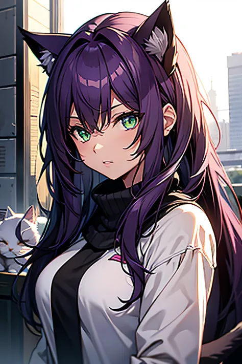 female, TAdult, Neko, Cat ears, Dark Purple Hair, Green Eyes