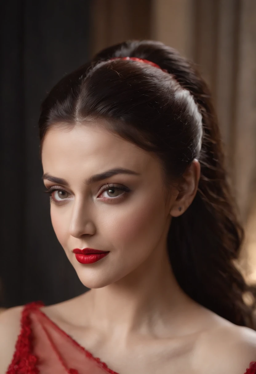 (Aishwarya Rai lookalike), (beautiful dark-haired woman), (naked chest), (sitting on a table), (elegant side ponytail), (hair covering one eye), (open mouth), (sensual expression), (red lips), (intense gaze), (best quality,4k, highres:1.2), (photorealistic...