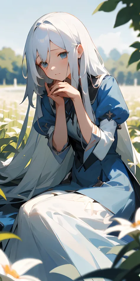 （tmasterpiece，best qualtiy），1 girl with long white hair sitting in a field of greenery and flowers，her hand under her chin，warmly lit，azure
dress，Blurred foreground