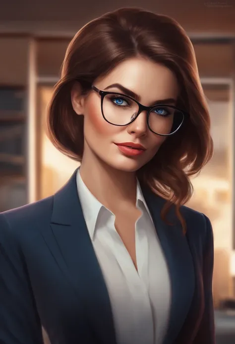 detailed background, office, best quality, 1 women , straight hair, short hair, blues eyes, business suit, glasses