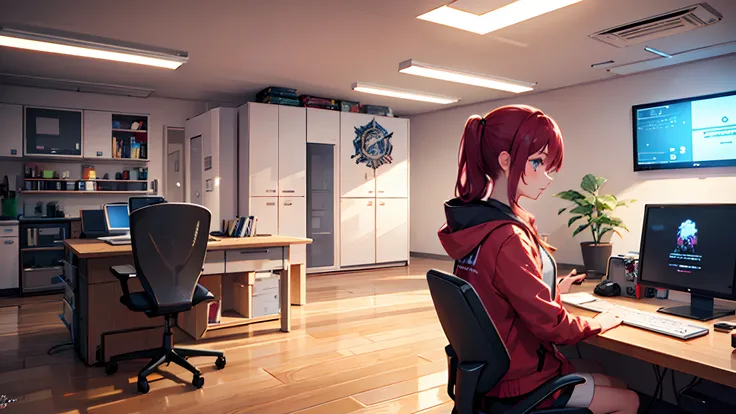 ((best quality)), ((masterpiece)), 1girl, gaming room, neon lights, led lighting, hacker, red room