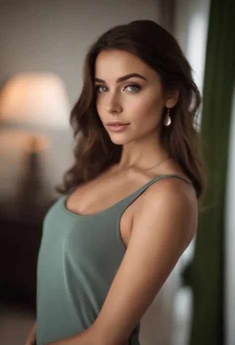 arafed woman with a white tank top and a necklace, sexy girl with green eyes, portrait sophie mudd, brown hair and large eyes, selfie of a young woman, bedroom eyes, violet myers, without makeup, natural makeup, looking directly at the camera, face with ar...