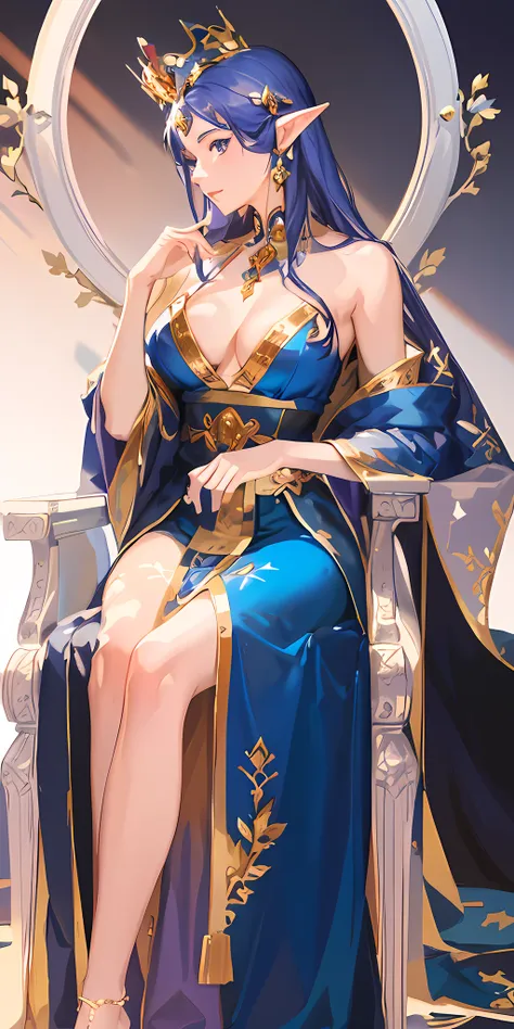 arafed woman in a blue dress sitting on a throne with a sword, a beautiful fantasy empress, ((a beautiful fantasy empress)), royal elegant pose, on her throne, anime goddess, sitting on her throne, extremely detailed goddess shot, regal pose, beautiful and...