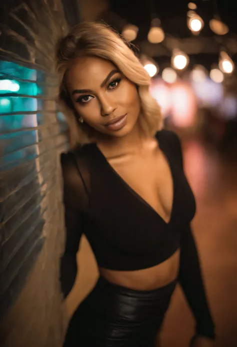 Black woman with matching tank top and skirt posing in a nightclub, fille sexy aux yeux bleus, Portrait Sophie Mudd, blur background, Best quality, 1fille, Portrait de Corinna Kopf, cheveux blonds et grands yeux, selfie of a young woman, ohne Maquillage, m...