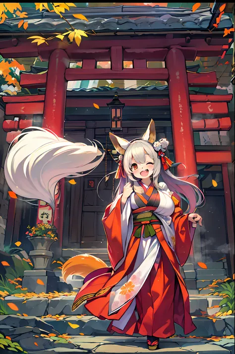 Fox Woman、body covered with fur、huge-breasted、kawaii、shrine maiden、Japan white clothes,Red Hakama、temple,((Oblique angle))、{{close up to face}}、one eye closed、winking、A big smile、bbw、thick thight、big butts、Ultramammy,Chibi,Nanachi, autumn day,kaede、 Pines,...