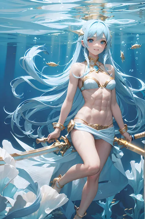 masterpiece, highest quality, 1girl, (light blue hair:1.4), long hair, straight hair, white bikini, (abs:1.4), blue eyes, grin, skinny, white long skirt, small breasts, (underwater:1.5), (gold sword:1.4)