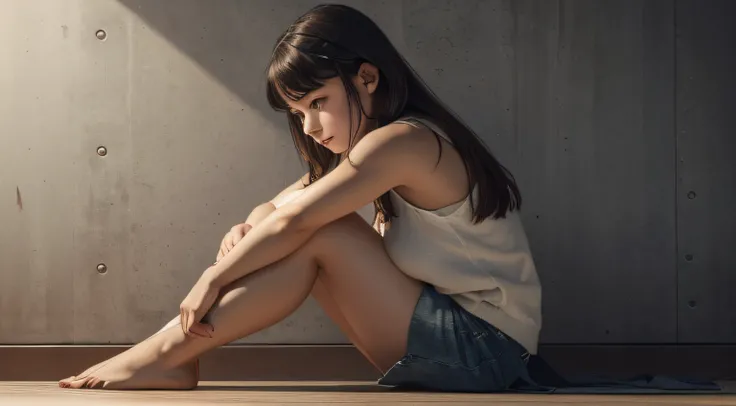 A GIRL FEELING SAD, SITTING ISOLATED ON THE FLOOR, PERFECT BODY PARTS ((masterpiece)), ((best quality))), ((ultra-detailed)), UHD, 8K, ((high resolution))), ((illustration)), ((realistic)),