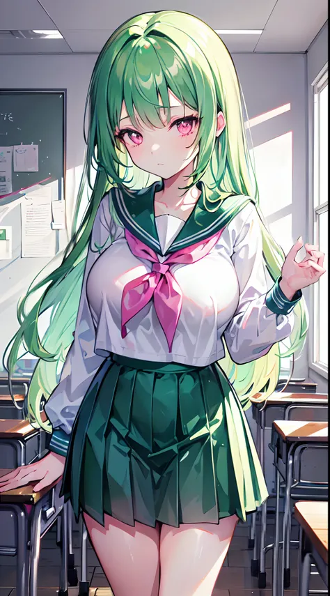 Long light green hair and waist，dishiveredhair，Pink eyes，Loving pupils，Sailor uniform school uniform，Big breasts loli，girl，A pitying expression appeared，In the classroom，Kittens