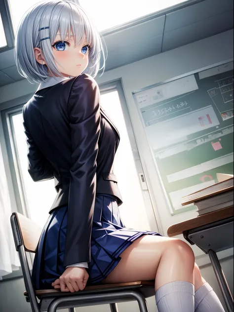 1girl, blazer, blue eyes, blue skirt, book, chair, classroom, desk, from side, indoors, jacket, open book, pleated skirt, readin...