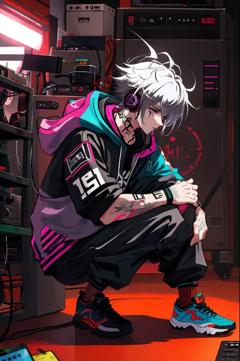 a man with messy coloured hair, punk outfit, tattoos, headphones, music studio background, crouching pose