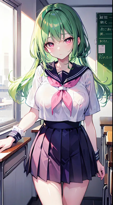 Long light green hair and waist，dishiveredhair，Pink eyes，Loving pupils，Sailor uniform school uniform，Big breasts loli，girl，A pitying expression appeared，In the classroom，Kittens