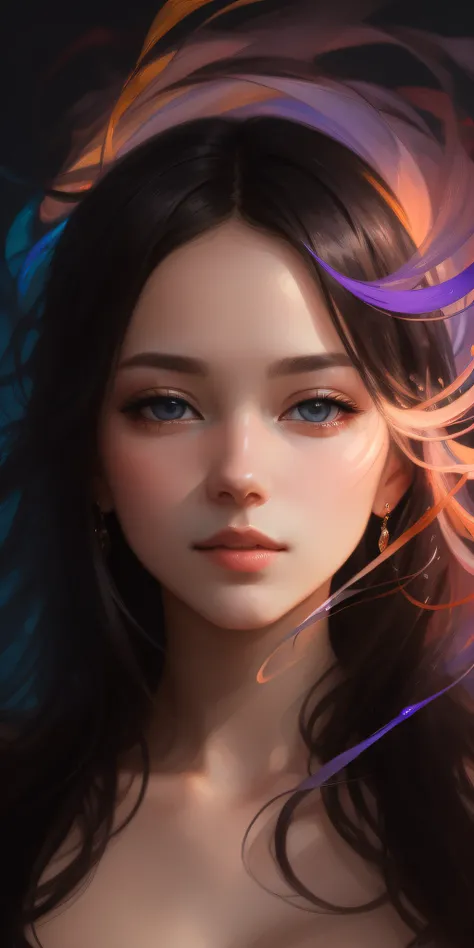 WLOP, floating female figure made of ribbons, smoke, in the sky, colorful and vibrant, mystical colors, contemporary impressionism, yanjun cheng portrait painting, iridescent painting, 3/4 perspective view, NSFW, cute face, low angle, sweeping circling com...