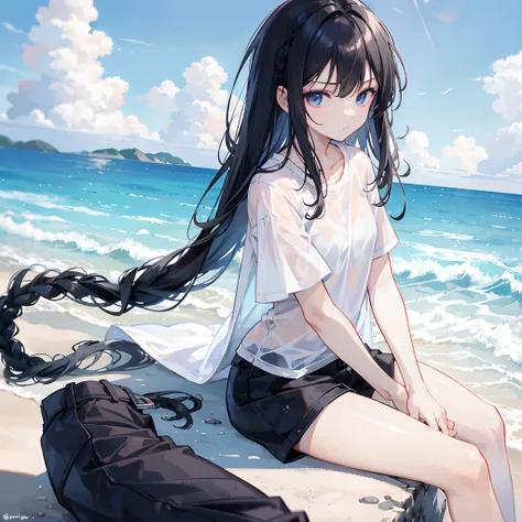 Shiny black haired girl 18 years old, Blood conjunctivitis Long hair,Braid left and right, White T-shirt,Black swim trunks ... Show off your legs......on the sea, On the white sandy beach...With a slightly smiling face..........Cuddle with a black-haired g...