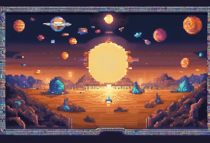 Generate a highly detailed 4K pixel art representation of Earth in a cosmic, shining, and destroyed state, surrounded by a dark backdrop with other planets in the scene.