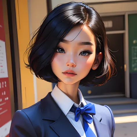 (a teenager:1.1,bob style hair,beautiful Asian features),(fancy:1.1,royal blue,school uniform),(Portrait HD:1.2),vibrant colors,sharp focus