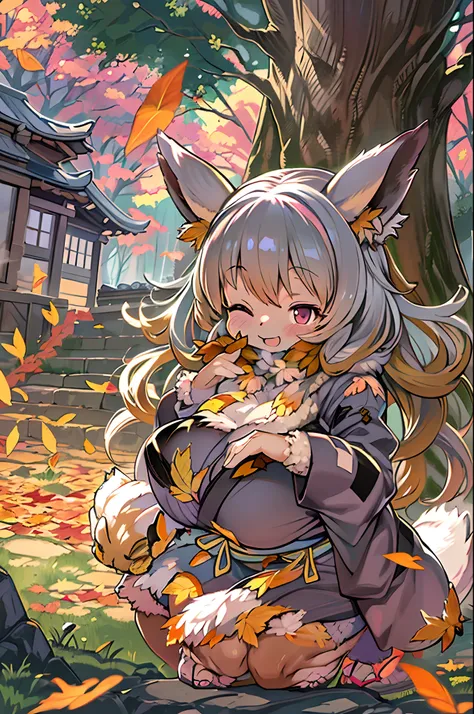 Fox Woman、body covered with fur、huge-breasted、kawaii、Now Buddhist、Temples in Kyoto、{{close up to face}}、one eye closed、winking、A big smile、bbw、thick thight、big butts、Ultramammy,Chibi,Nanachi, autumn day,kaede、 Pines, Anime Background Art, japanese art styl...