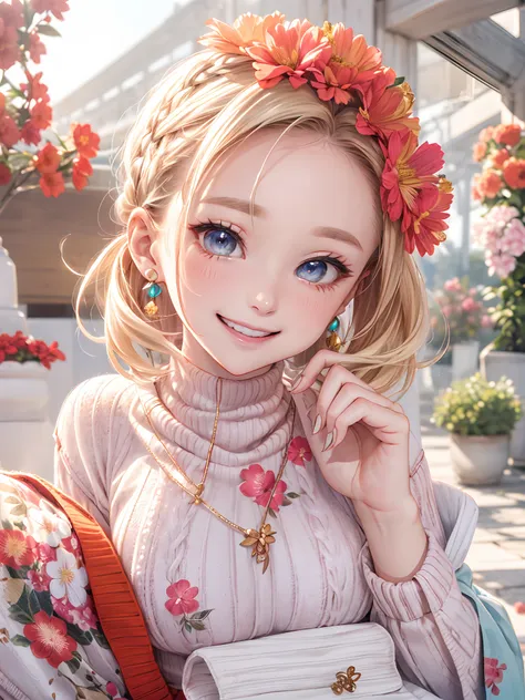 absurderes, ultra-detailliert,bright colour, extremely beautiful detailed anime face and eyes, view straight on, ;D, shiny_skin,25 years old, Short hair, (Forehead:1.3), Blonde hair with short twin tails, Shiny hair, Delicate beautiful face, red blush、(cya...