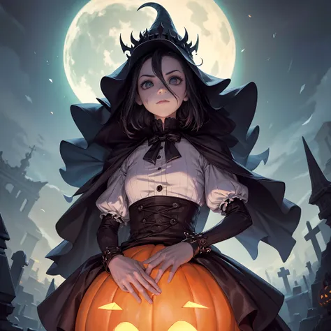 Representa a Jack Skellington, el Rey Calabaza, con su traje de esmoquin a rayas en medio de un retorcido, Gothic setting. Jack se encuentra en un cementerio oscuro cubierto de niebla, con alto, Thin tombstones slanted at odd angles. La luna llena brilla c...