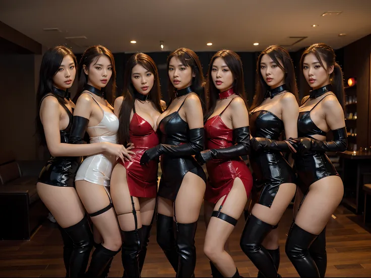 Sexy asian girlsband, sexy body pose, seductive, touching eachother, inside the nightclub, dancing, sexy, wearing elegant minidress, traditional dress, collar, corsait, stockings, garter belt, high heels, very long boots, high boots, long gloves, ponytail,...